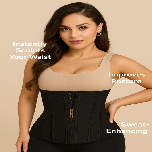 Woman wearing a waist training corset with text highlighting its benefits on a beige background